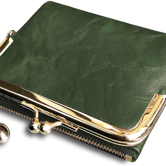 Women's RFID Leather Wallet Compact Bifold Coin Purse with Zipper Kiss Lock - Picture 1 of 7